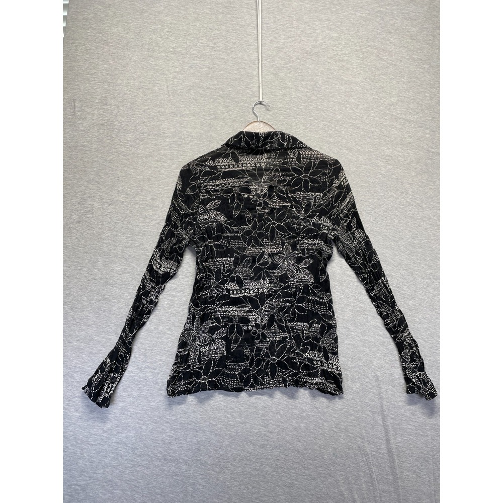 Bisou Bisou Blouse Top Womens 12 Black White Dot Floral Print Crinkle Button Up